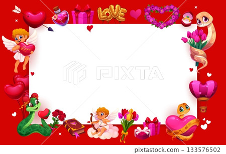 Valentine day greeting card frame with cute cartoon cherubs and snake characters proposing with flowers, hearts, balloons, potions and romantic decorations. Vector template for love messages and notes Valentine day greeting card frame with cute cartoon cherubs and snake characters proposing with flowers, hearts, balloons, potions and romantic decorations. Vector template for love messages and notes 133576502