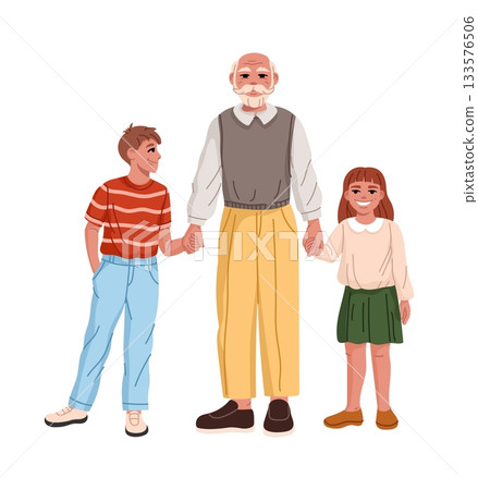 Happy cartoon family with kids and grandfather in casual clothing. Loving grandpa holding hands with his grandchildren, symbolizing happiness. Warm vector family portrait with love and connection 133576506