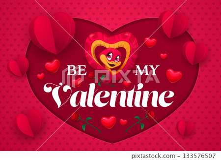 Paper cut Valentine day banner with funny snake, hearts and flowers, vector greeting card. Be My Valentine quote for love holiday with cheerful red snake in paper cut frame of heart with rose flowers 133576507