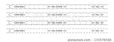 Perforated tear strips with border lines set for open here package instruction, vector templates. Pull to open tear strip lines for paper labels of box packaging or envelope opening secure seals 133576508