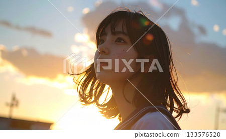 A hopeful image of a sunset and high school girls (generative AI) 133576520