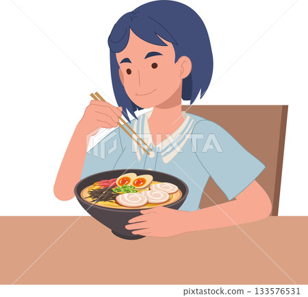 woman eating ramen with chopsticks in a cozy dining scene flat vector illustration of japanese cuisine 133576531