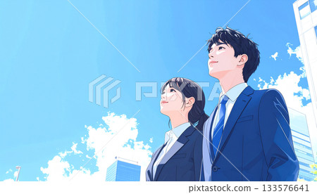 一男一女身著西裝，仰望藍天的插圖（人工智慧生成） 133576641