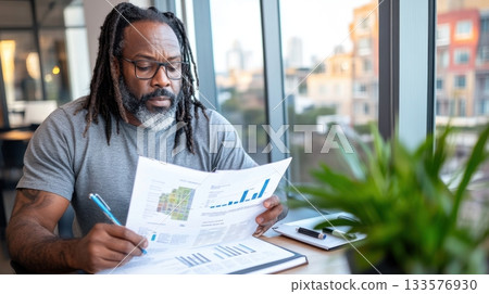 Black man in coworking lounge reviewing an ESG report with detailed graphics, with a city view 133576930