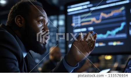 Black man in formal business suit explaining chart during board meeting with governance data 133576934