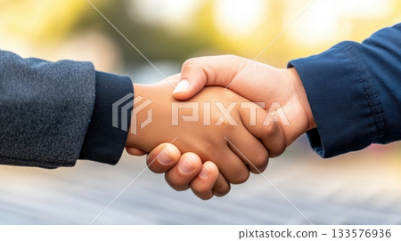 Business professional shaking hands with solar energy executive in front of solar panels, symbolizing partnership in renewable energy finance 133576936