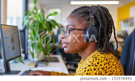 Blind employee using a braille keyboard and screen reader headset in a coworking space showcasing adaptive technology Blind employee using a braille keyboard and screen reader headset in a coworking space showcasing adaptive technology 133576943