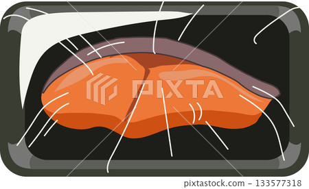 packaged salmon sashimi in a plastic tray with cling wrap 133577318