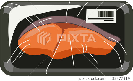 fresh salmon fillet packaged in a plastic tray with wrap and barcode, 133577319