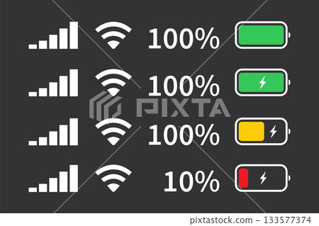 Icon Battery Power, Wireless, Mobile Network status mobile device display Icon Battery Power, Wireless, Mobile Network status mobile device display 133577374