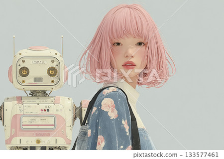 Emi Series: Emi walking behind a robot Emi Series: Emi walking behind a robot 133577461