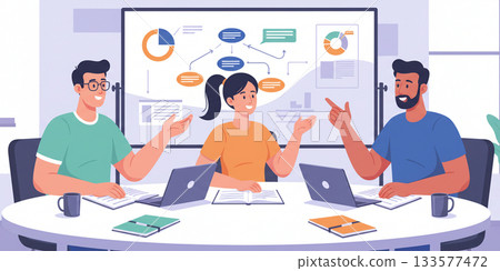 A business team of three people discussing a proposal 133577472