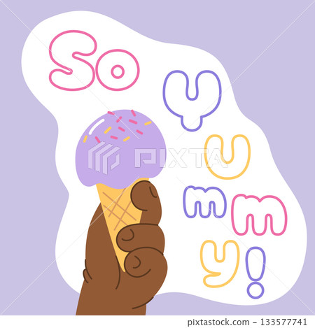 Hand of black baby holding ice cream. The inscription So Yummy Vector Hand of black baby holding ice cream. The inscription So Yummy Vector 133577741