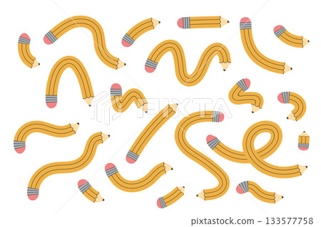 Pencils vector illustration. Twisted flexible yellow simple pencil in different shapes, doodles. Back to school, teachers day concept. Pencils vector illustration. Twisted flexible yellow simple pencil in different shapes, doodles. Back to school, teachers day concept. 133577758