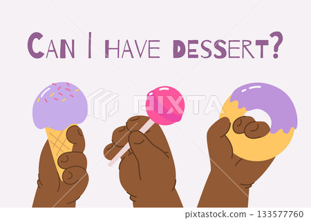 Set of black children hands hold donut, lollipop and ice cream on white background. Vector isolated 133577760