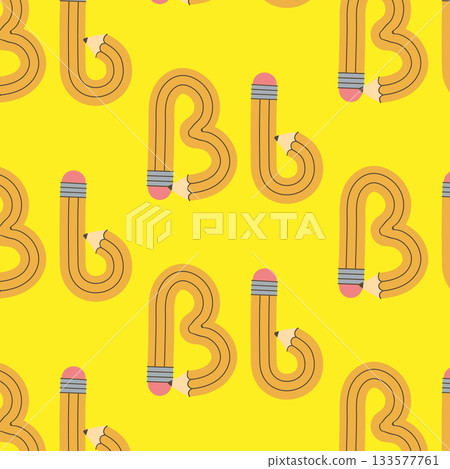 Seamless pattern of yellow pencil in the shape of the letter B. Alphabet design. Vector illustration 133577761