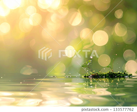 柔和的光線和水面上倒映的綠色散景營造出美麗而舒緩的背景。 柔和的光線和水面上倒映的綠色散景營造出美麗而舒緩的背景。 133577762