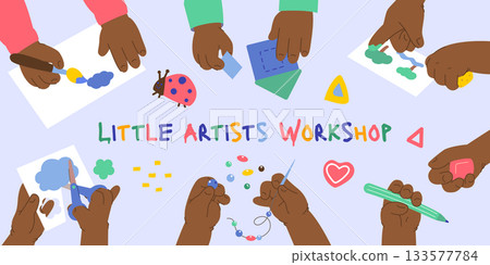 Children black hands at Art and Craft classes, top view set. Kids during creativity, DIY hobbies, education with paper, paints. Flat graphic vector illustrations isolated on white background Children black hands at Art and Craft classes, top view set. Kids during creativity, DIY hobbies, education with paper, paints. Flat graphic vector illustrations isolated on white background 133577784