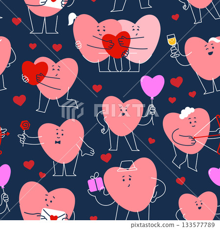 Vector seamless pattern with cute smiling hearts. Lovely romantic endless background for Valentine s day, holiday design, nursery, fabric. Vector seamless pattern with cute smiling hearts. Lovely romantic endless background for Valentine s day, holiday design, nursery, fabric. 133577789
