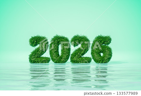 Eco Green 2026 Numbers Standing in Water. Green energy and sustainability concept. 133577989