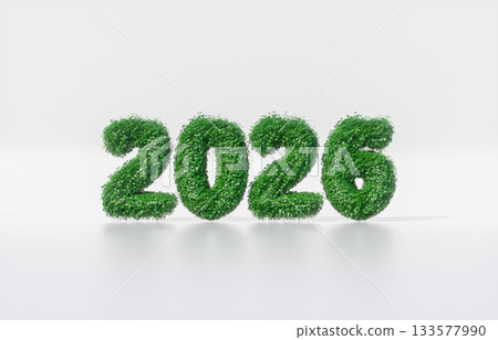 Eco Green 2026 Numbers Standing on isolated background. Green energy and sustainability concept. 133577990