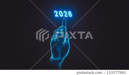 Futuristic Hologram Hand Pointing to illuminated year 2026. 3d rendering 133577991