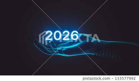 Futuristic Hologram Hand Holding illuminated year 2026. 3d rendering 133577992