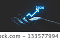 Futuristic Digital Hand Holding Rising Growth Chart with illuminated year 2026. 3d rendering 133577994