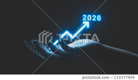 Futuristic Digital Hand Holding Rising Growth Chart with illuminated year 2026. 3d rendering 133577994