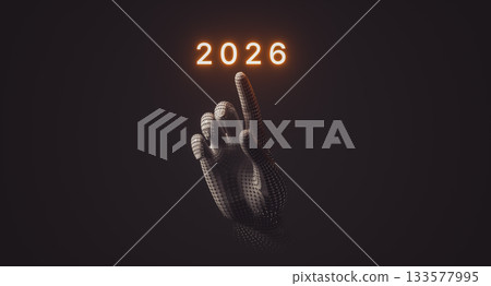 Futuristic Digital Hand Pointing to illuminated year 2026. 3d rendering 133577995