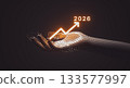 Futuristic Digital Hand Holding Rising Growth Chart with illuminated year 2026. 3d rendering 133577997