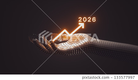 Futuristic Digital Hand Holding Rising Growth Chart with illuminated year 2026. 3d rendering 133577997
