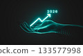 Futuristic Hologram Hand Holding Rising Growth Chart with illuminated year 2026. 3d rendering 133577998