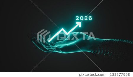 Futuristic Hologram Hand Holding Rising Growth Chart with illuminated year 2026. 3d rendering 133577998