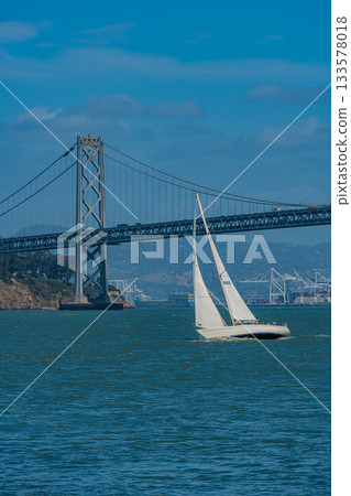 San Francisco Bay Bridge and yachts, USA 133578018