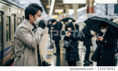 A man wearing a mask coughing violently on a train platform on a rainy day A man wearing a mask coughing violently on a train platform on a rainy day 133578041