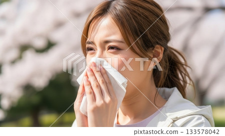Close-up of a woman with an itchy nose due to hay fever using tissue 133578042