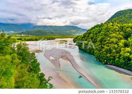 Wide valley of Tagliamento River near Pinzano, Friuli, Italy 133578332