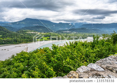 Wide valley of Tagliamento River near Pinzano, Friuli, Italy 133578338