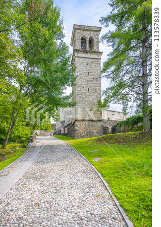 Belltower of St Peters Church. Castle of Ragogna at Tagliamento River near Pinzano, Friuli, Italy 133578339