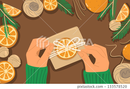 Merry Christmas, Happy New Year. Gift giving. Holiday season banner top view. Hands unpacking box, Decorative bow. 133578520