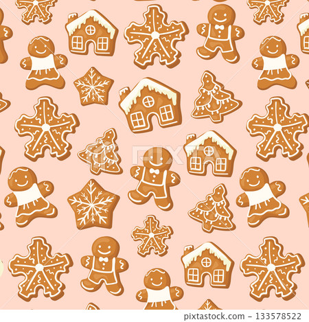 Winter seamless patterns with gingerbread cookies. Awesome holiday vector background. Christmas repeating texture for surface design, wallpapers, fabrics, wrapping paper etc. 133578522