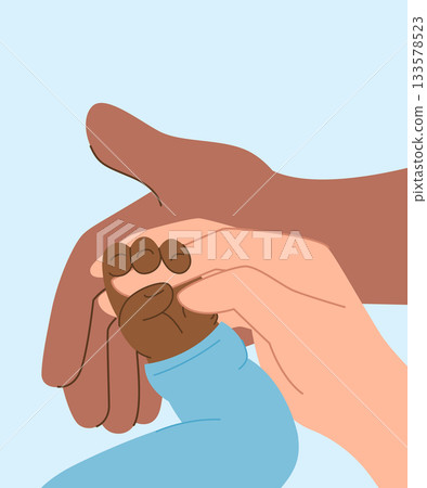 Black fathers and mothers hands holding baby palm. Vector illustration on white background 133578523