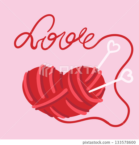 Heart-shaped ball of yarn. Needles inside the ball of yarn. Colored flat vector illustration. Heart-shaped ball of yarn. Needles inside the ball of yarn. Colored flat vector illustration. 133578600