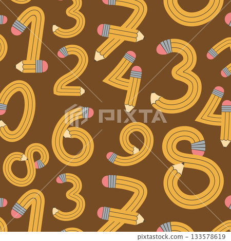 Seamless pattern ute funky twisted flexible pencils bent into in numbers from 0 to 9. Funky flexible school supplies. Vector illustration Seamless pattern ute funky twisted flexible pencils bent into in numbers from 0 to 9. Funky flexible school supplies. Vector illustration 133578619