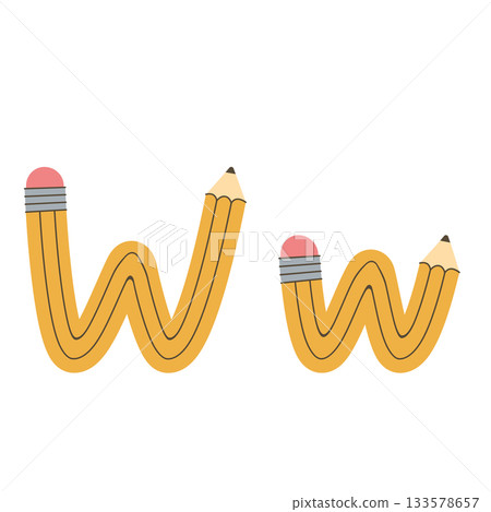 Alphabet design featuring the letter W formed from a yellow pencil. Vector illustration. Alphabet design featuring the letter W formed from a yellow pencil. Vector illustration. 133578657