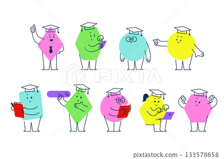 Abstract characters. Geometric comic creature emotions. Funny face business team avatar with books, laptop, notebook. Vector set. Different shapes for learning and teaching Abstract characters. Geometric comic creature emotions. Funny face business team avatar with books, laptop, notebook. Vector set. Different shapes for learning and teaching 133578658