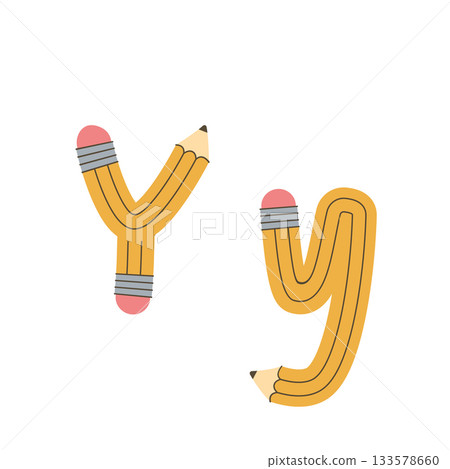 The letter Y designed as a yellow pencil. Vector alphabet illustration. The letter Y designed as a yellow pencil. Vector alphabet illustration. 133578660