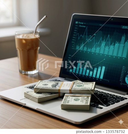 A close-up of an open laptop on a wooden table in natural sunlight. A neat stack of dollar bills (hundred-dollar bills) rests on the keyboard 133578732