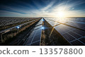 Wide-angle shot of modern solar panels in a large solar farm under a dramatic blue sky with glowing sunlight rays. 133578800